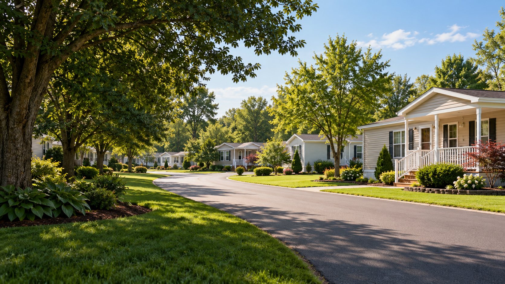 A tree-lined residential community with neat homes and a quiet roadway